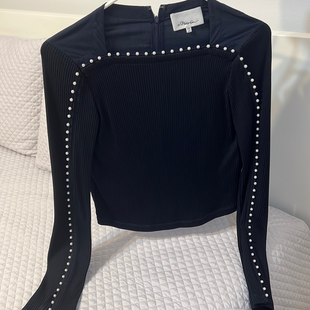 Navy Long Sleeve Blouse With Faux Pearls